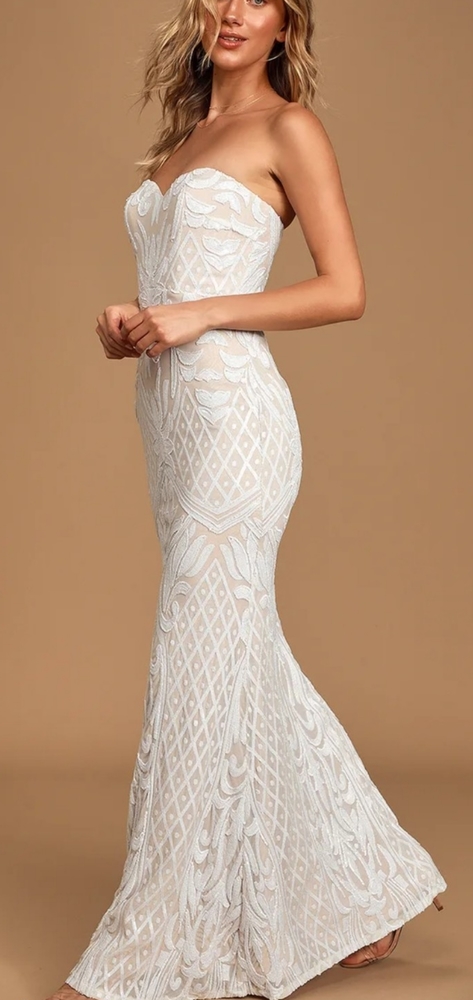 Strapless white sequin maxi dress